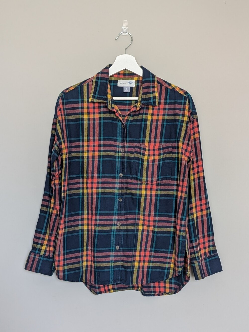 Old Navy Navy Plaid Flannel Button Up Boyfriend Shirt Size Small